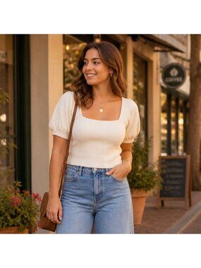French Connection Jaida Top M Summer White Wool Blend MSRP $98 Capsule Academia